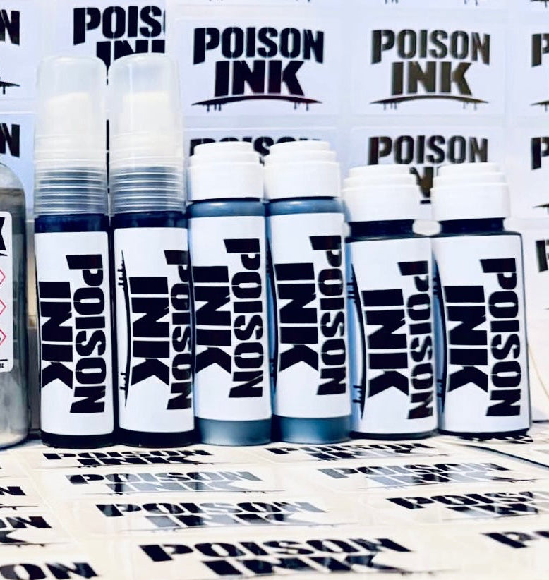 Urban Ink Supplies Poison Ink 50mL 18mm MOP marker with mercury chrome finish and broad nib, displayed on a white background.